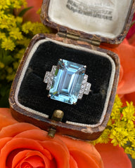 Art Deco Aquamarine and Diamond Platinum Ring 0.25ct + 6.05ct