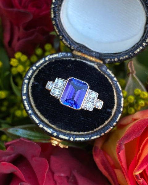 Art Deco Tanzanite and Diamond Platinum Ring 0.25ct + 1.50ct