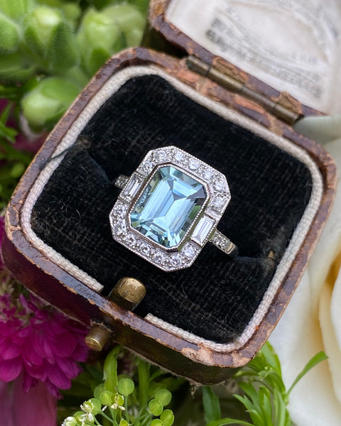 Art Deco Aquamarine and Diamond Platinum Ring 0.40ct + 2.30ct