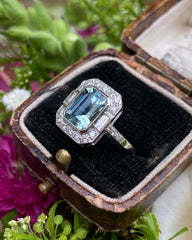 Art Deco Aquamarine and Diamond Platinum Ring 0.40ct + 2.30ct