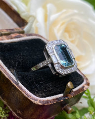 Art Deco Aquamarine and Diamond Platinum Ring 0.40ct + 2.30ct