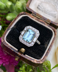 Art Deco Aquamarine and Diamond Platinum Ring 0.40ct + 2.30ct