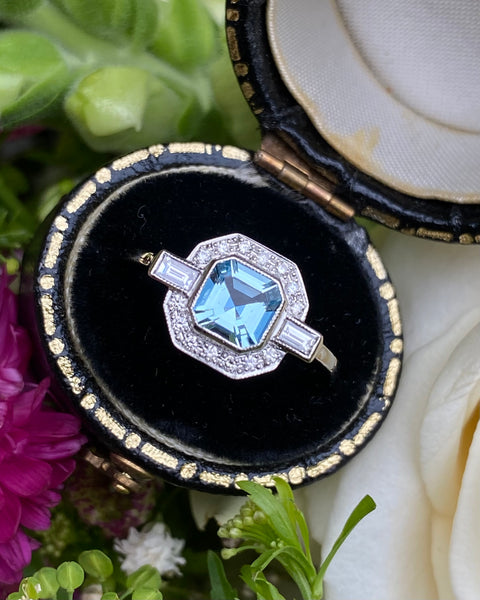 Art Deco Aquamarine and Diamond Platinum Ring 0.25ct + 0.55ct