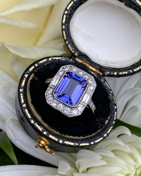 Art Deco Tanzanite and Diamond Platinum Ring 0.45ct + 2.10ct