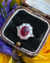 Victorian Style Ruby and Diamond Cluster Platinum Ring 0.90ct + 1.95ct