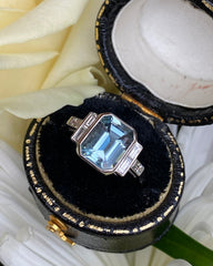 Art Deco Aquamarine and Diamond Platinum Ring 0.25ct + 2.30ct