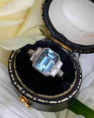 Art Deco Aquamarine and Diamond Platinum Ring 0.35ct + 2.70ct