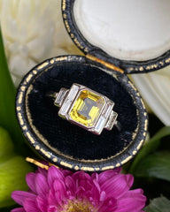 Art Deco Yellow Sapphire and Diamond Platinum Ring 0.40ct + 1.50ct