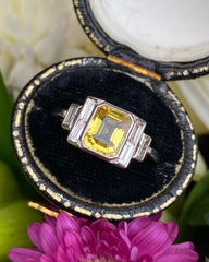 Art Deco Yellow Sapphire and Diamond Platinum Ring 0.40ct + 1.50ct