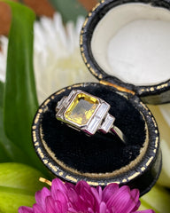 Art Deco Yellow Sapphire and Diamond Platinum Ring 0.40ct + 1.50ct