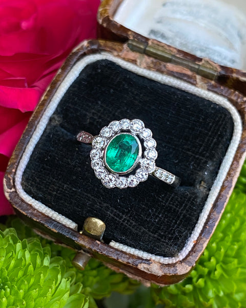 Emerald and Diamond Cluster Platinum Ring 0.35ct + 0.60ct