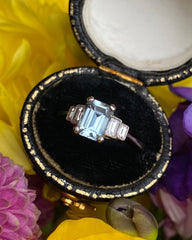 Art Deco Aquamarine and Diamond Platinum Ring 0.25ct + 0.80ct