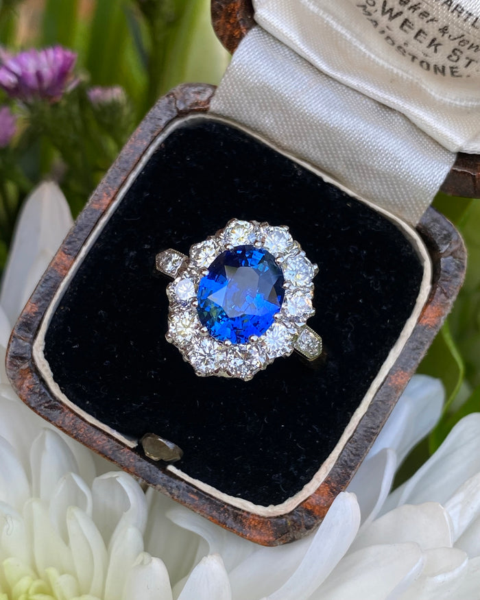 Victorian Sapphire and Diamond Cluster 18ct Yellow Gold Ring 1.35ct + 2.65ct