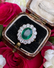 Victorian Emerald and Diamond Cluster Ring 18ct Yellow Gold 1.25ct + 3.02ct