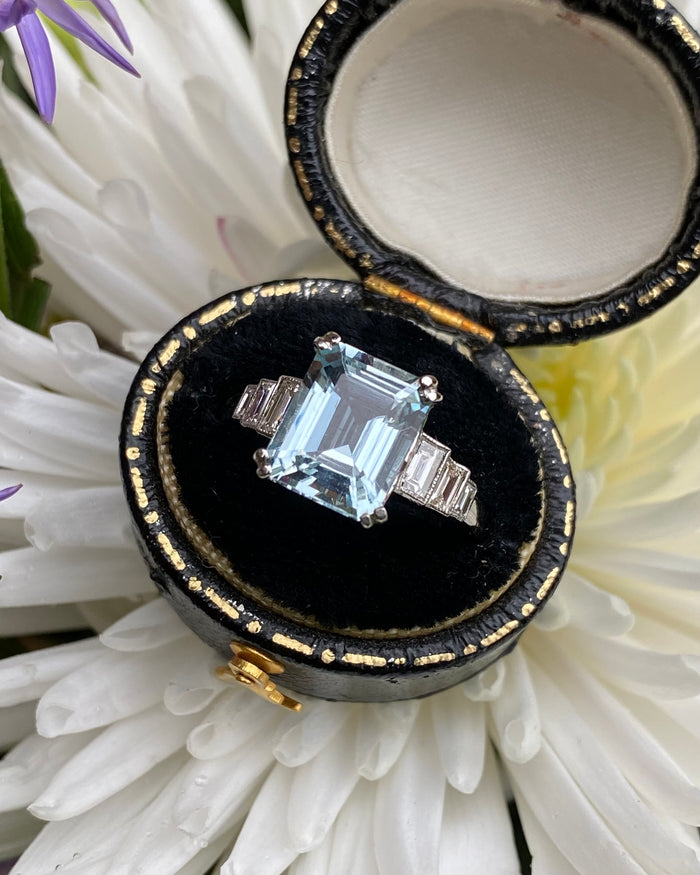 Art Deco Aquamarine and Diamond Platinum Ring 0.50ct + 2.90ct