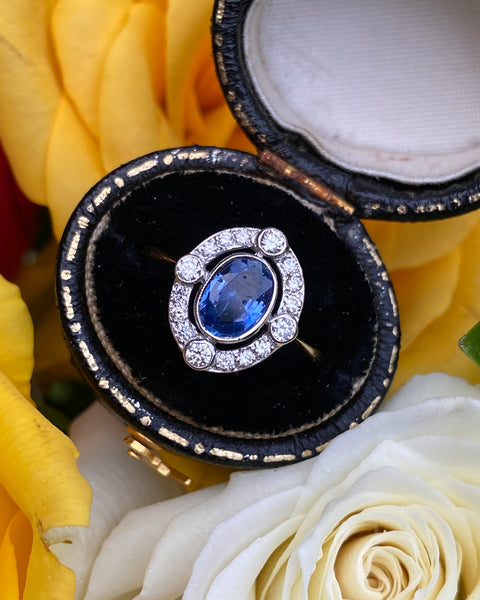 Victorian Sapphire and Diamond Cluster Ring Platinum 0.30ct + 0.75ct