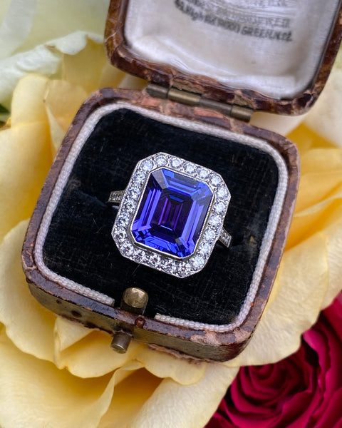 Art Deco Tanzanite & Diamond Platinum Cluster Ring 0.65ct + 4.55ct