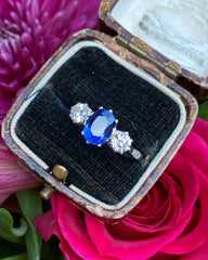 Victorian Sapphire and Old Cut Diamond Three Stone Platinum Ring 0.55ct + 1.20ct