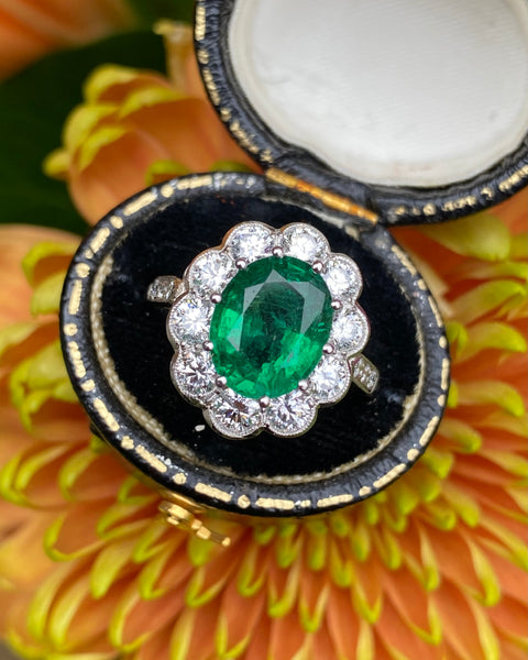 Emerald and Diamond Cluster Ring Platinum 1.35ct + 2.80ct