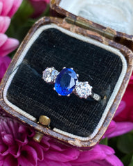 Victorian Sapphire and Old Cut Diamond Three Stone Platinum Ring 0.55ct + 1.20ct