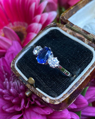 Victorian Sapphire and Old Cut Diamond Three Stone Platinum Ring 0.55ct + 1.20ct