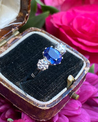 Victorian Sapphire and Old Cut Diamond Three Stone Platinum Ring 0.55ct + 1.20ct