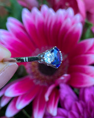 Victorian Sapphire and Old Cut Diamond Three Stone Platinum Ring 0.55ct + 1.20ct