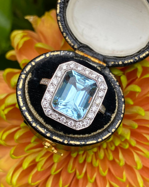 Art Deco Aquamarine and Diamond Ring 0.50ct + 3.65ct Platinum