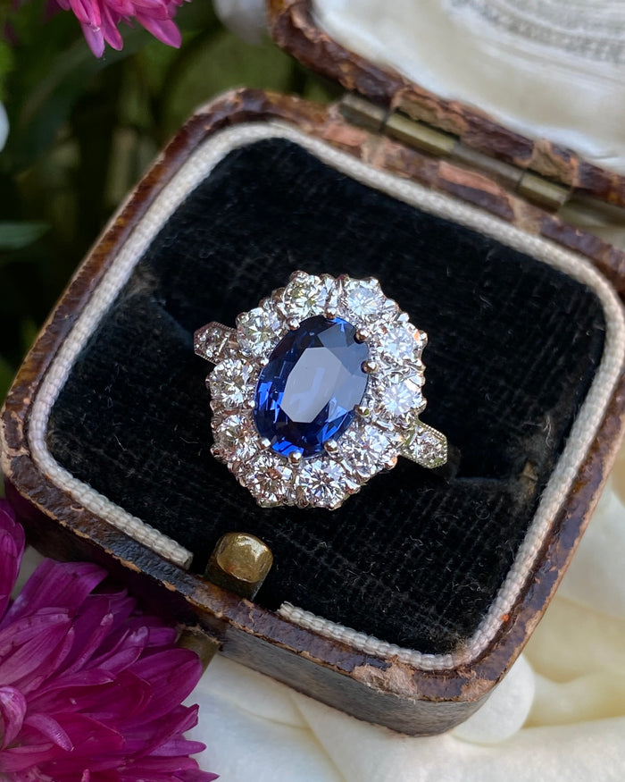 Victorian Sapphire and Diamond Cluster Platinum Ring 1.30ct + 3.10ct