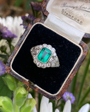 Edwardian Style Emerald and Diamond Cluster Ring Platinum