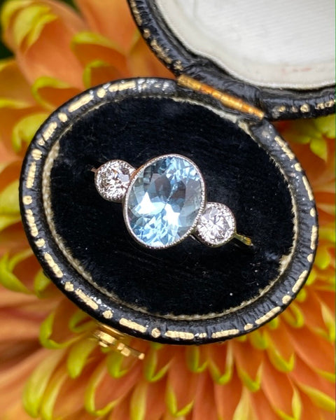 Aquamarine and Diamond Three Stone Trilogy Ring Platinum 0.40ct + 1.0ct