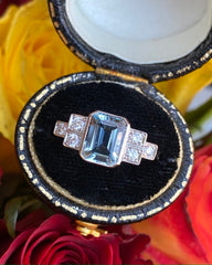 Art Deco Aquamarine and Diamond Platinum Ring 0.25ct + 1.40ct