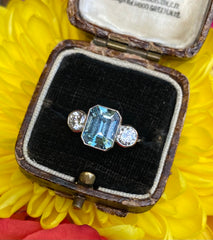Aquamarine and Diamond Platinum Three Stone Ring 0.60ct + 2.05ct