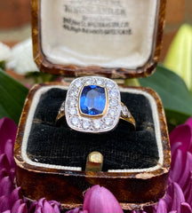 Victorian Sapphire and Diamond Cluster Ring 18ct Yellow Gold 0.80ct + 1.60ct