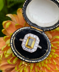 Art Deco Yellow Sapphire and Diamond Cluster Ring Platinum 0.45ct + 2.20ct