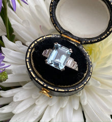 Art Deco Aquamarine and Diamond Platinum Ring 0.40ct + 3.0ct