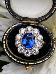 Victorian Sapphire and Diamond Cluster Platinum Ring 1.60ct + 2.45ct