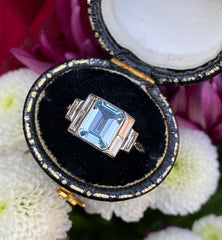 Art Deco Aquamarine and Diamond Platinum Ring 0.40ct + 1.20ct