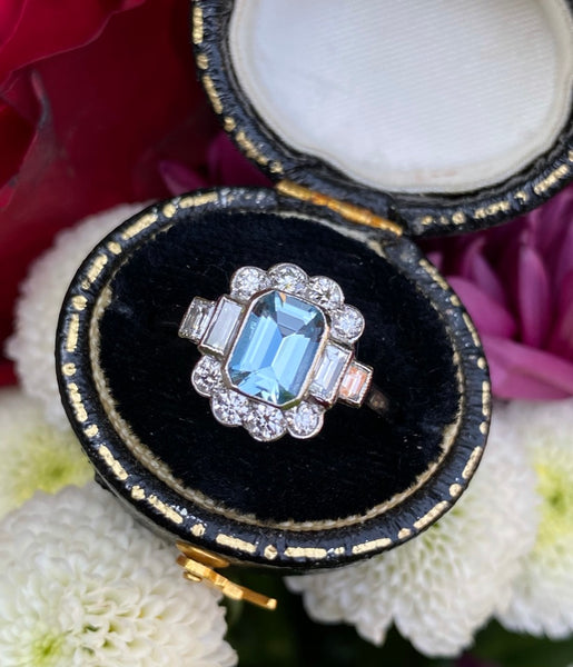 Victorian Aquamarine and Diamond Cluster Platinum Ring 0.55ct + 0.70ct