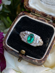 Art Deco Emerald and Diamond Platinum Ring 0.50ct + 0.80ct