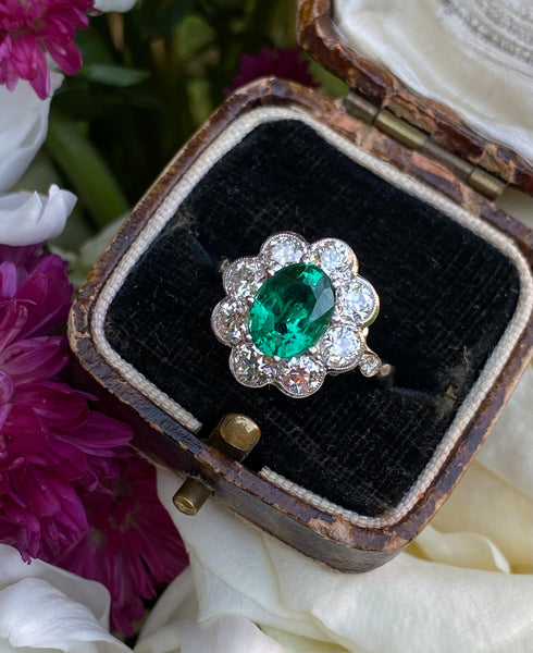 Victorian Emerald and Diamond Cluster Platinum Ring 1.30ct + 1.50ct