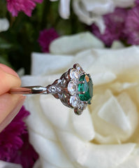 Victorian Emerald and Diamond Cluster Platinum Ring 1.30ct + 1.50ct