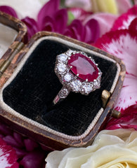 Victorian Style Ruby and Diamond Cluster Platinum Ring 1.45ct + 3.02ct