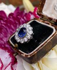 Sapphire and Diamond Cluster Platinum Ring 1.25ct + 2.80ct