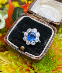 Victorian Sapphire and Diamond Cluster Platinum Ring 1.10ct + 1.50ct
