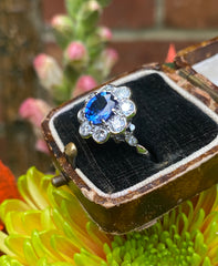 Victorian Sapphire and Diamond Cluster Platinum Ring 1.10ct + 1.50ct