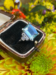 Art Deco Aquamarine and Diamond Ring Platinum 0.35ct + 8.10ct