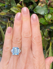 Art Deco Aquamarine and Diamond Ring Platinum 0.35ct + 8.10ct