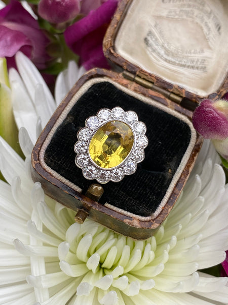 Victorian Yellow Sapphire & Diamond Oval Cluster Platinum Ring 1.30ct + 4.76ct
