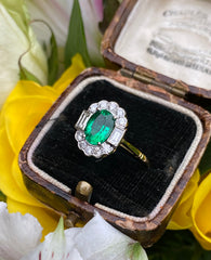 Art Deco Emerald and Diamond Cluster 18ct Yellow Gold Ring 0.45ct + 1.0ct